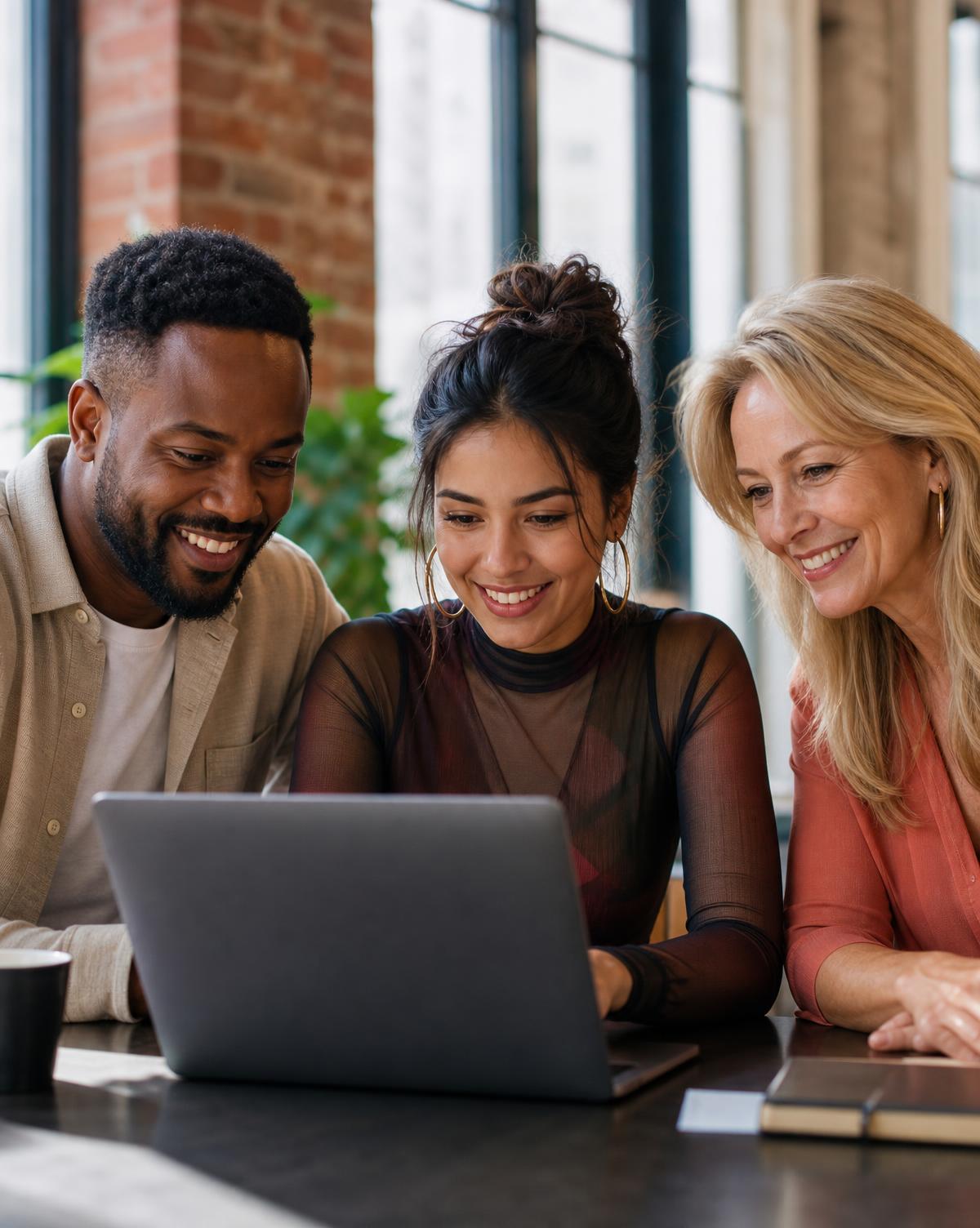 A young Latin woman in the center, a Black man, and a blonde woman around 50 learning together around a laptop with natural smiles